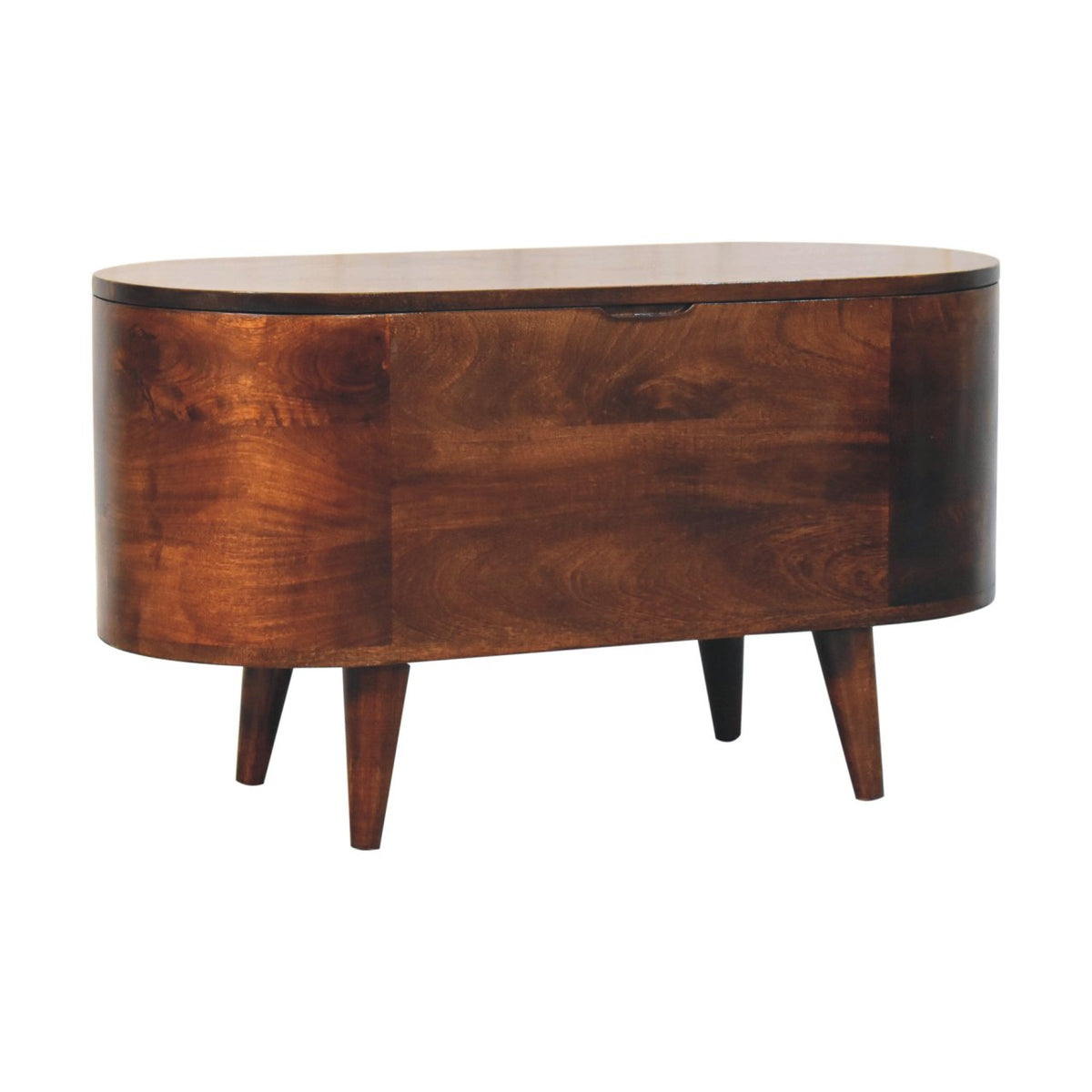 Opposite angled view of the rounded box, with its wood grain and legs visible.