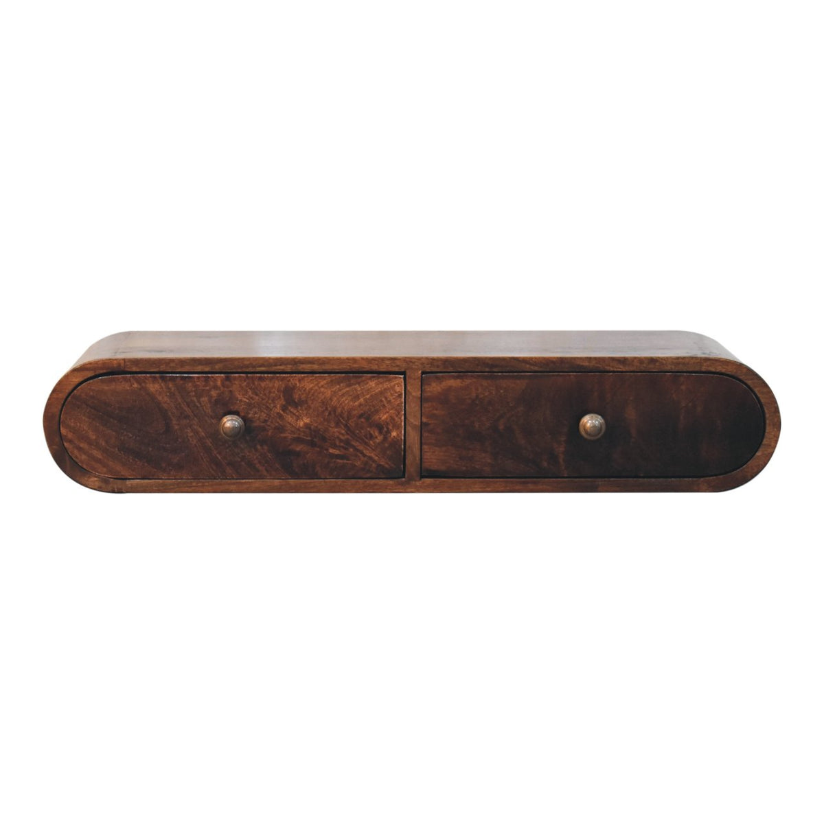Front view of a curved brown wood wall console with two drawers on white