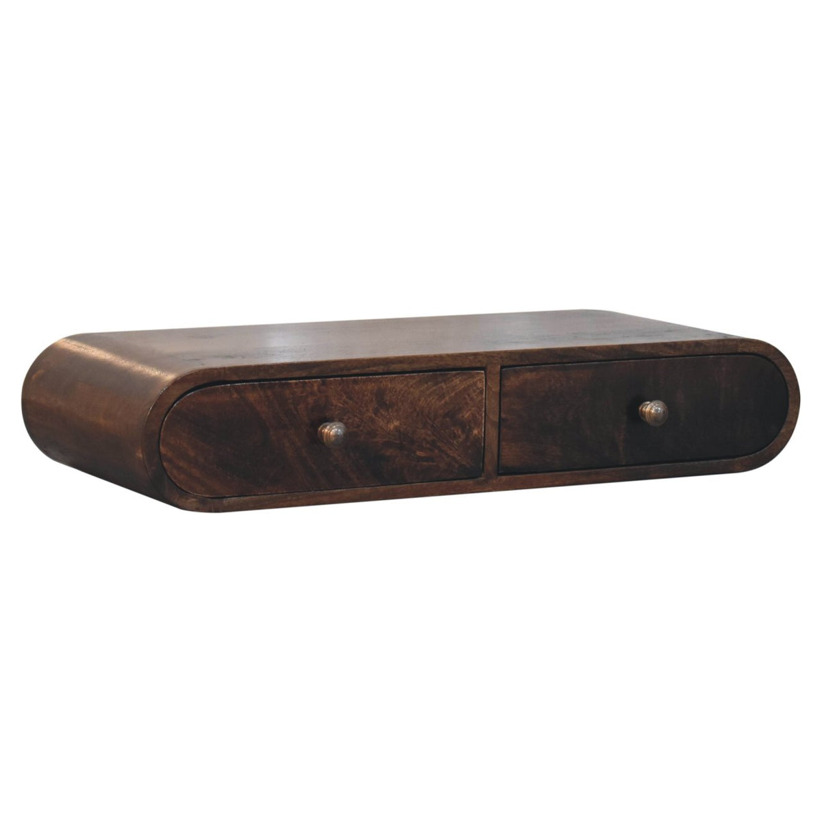 Angled view of a curved California walnut console table with two drawers