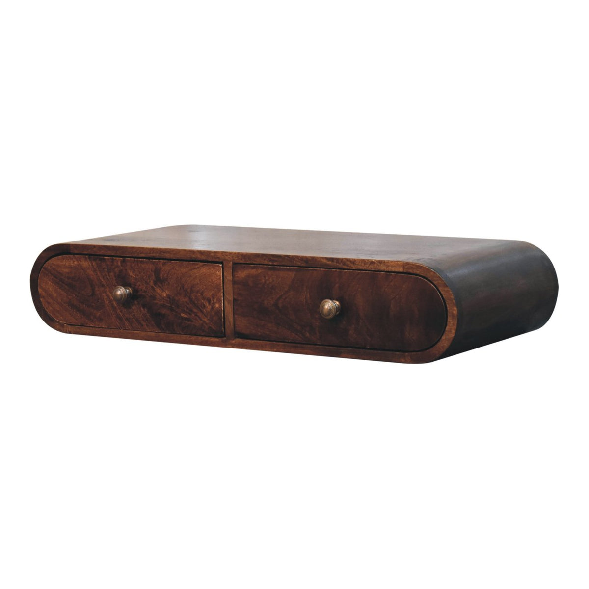 Opposite angled view of a curved brown wood console with two drawers