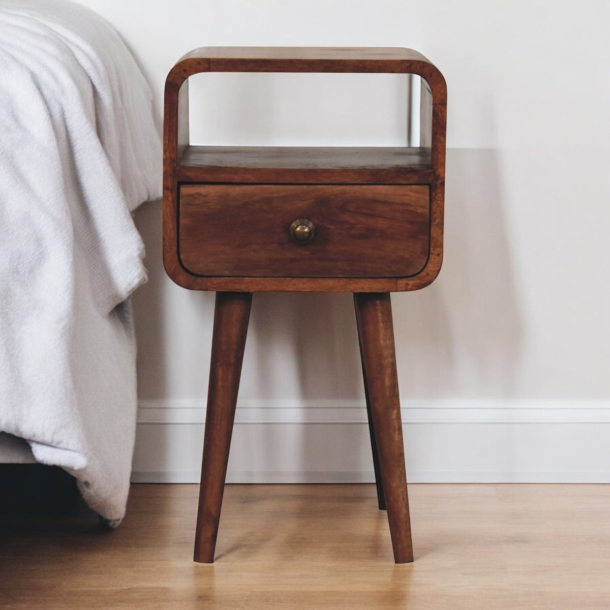 Mini Honey Caramel Curved Bedside with Open Slot