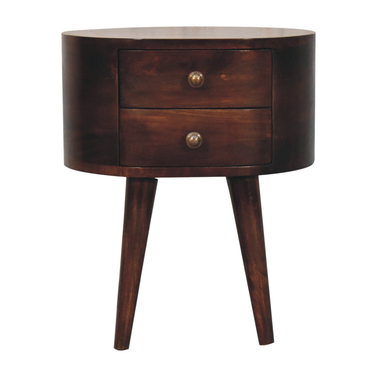 Dark California walnut bedside table, straight-on view with two drawers and tapered legs