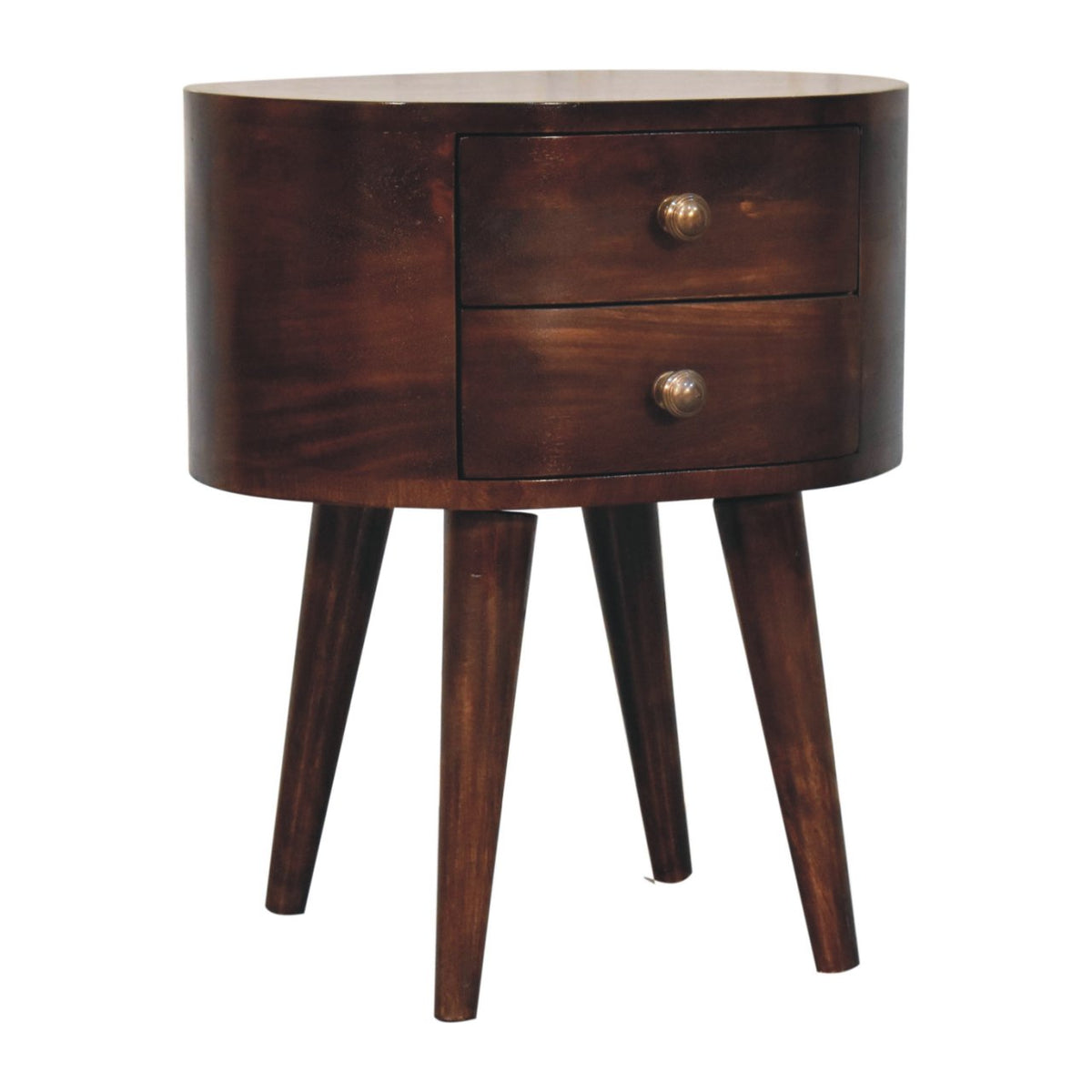 Dark walnut bedside table shown at an angle with two drawers and four tapered legs