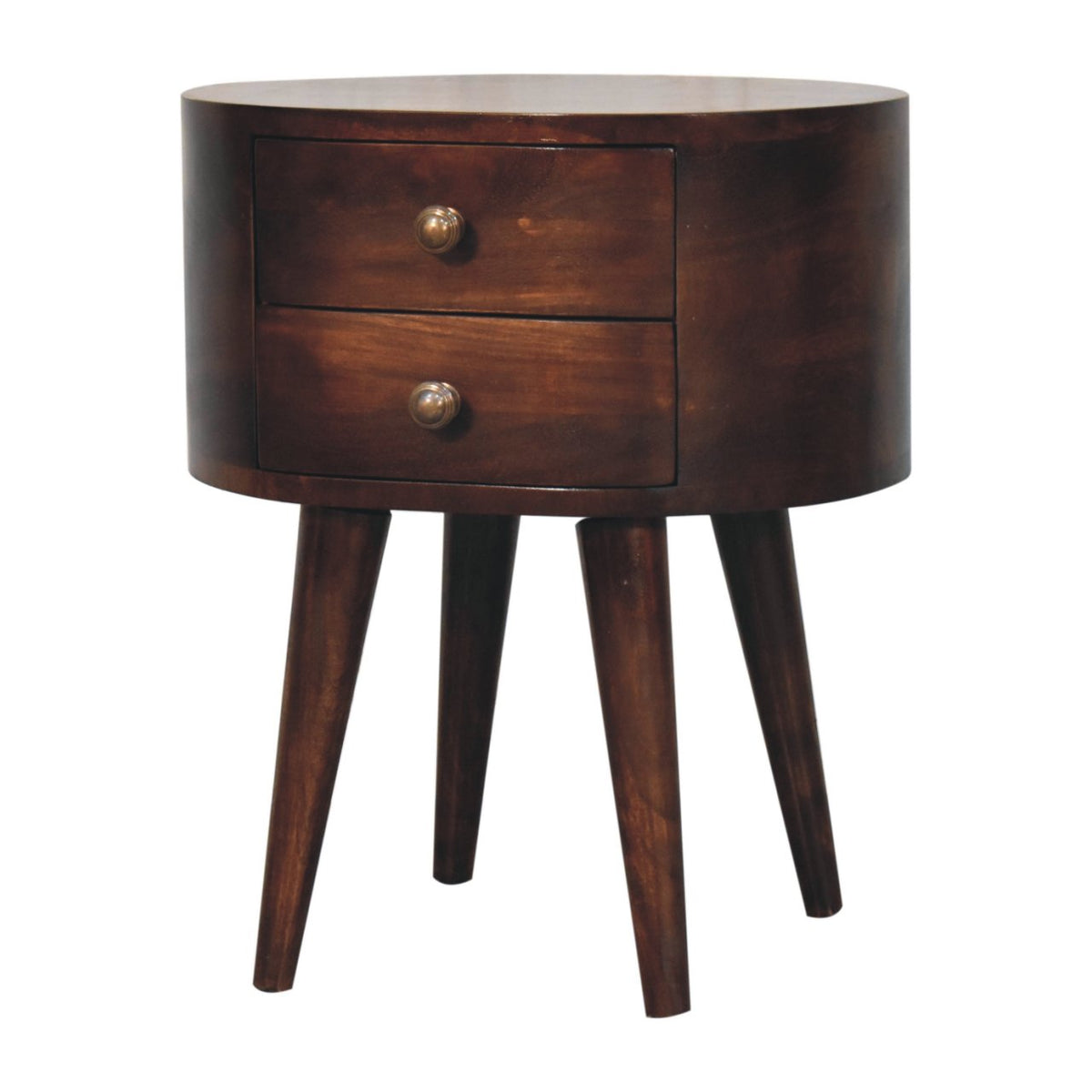 Angled view of the rounded dark walnut bedside table with two drawers and tapered legs