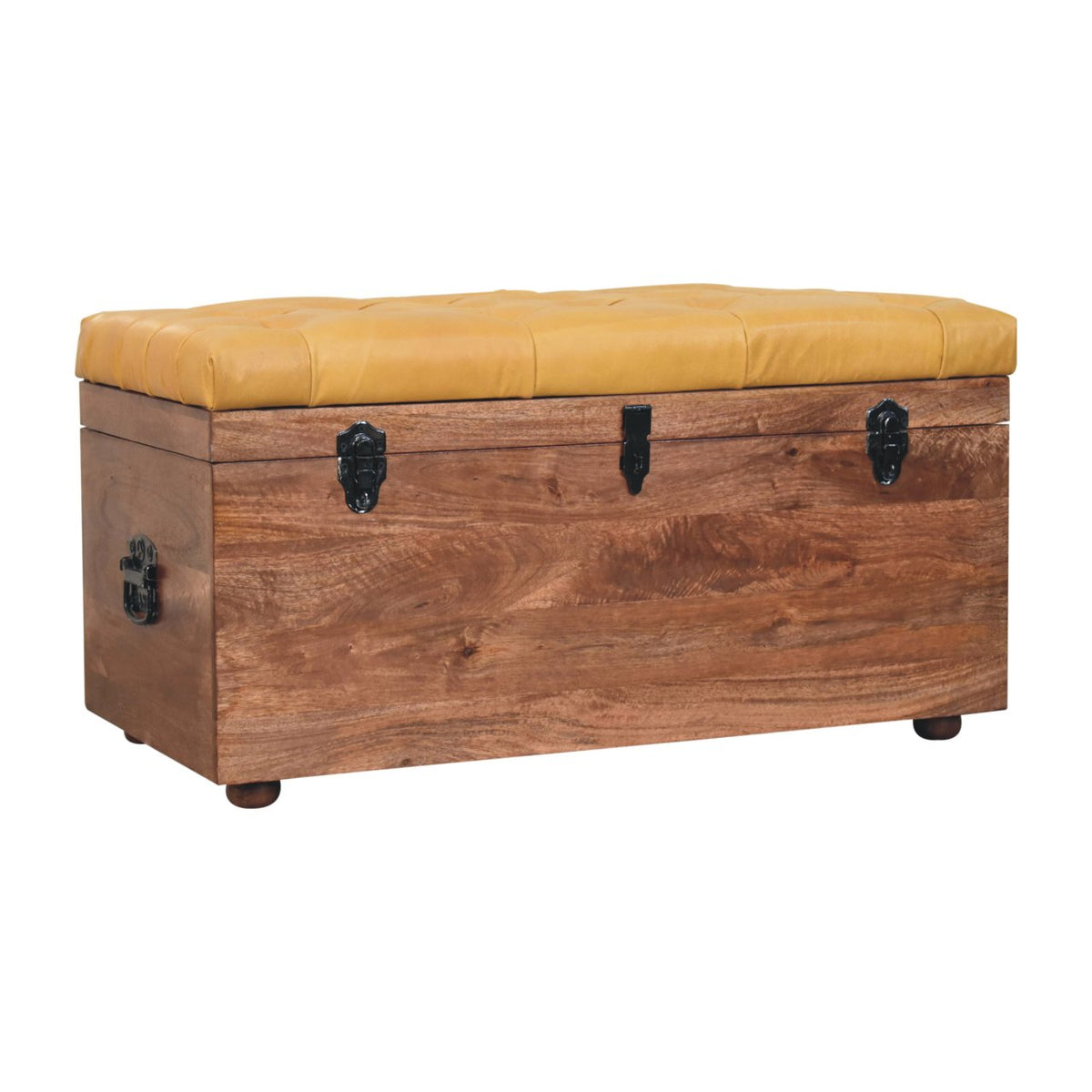 Storage trunk in a three-quarter view showing the wooden side and front clasps.