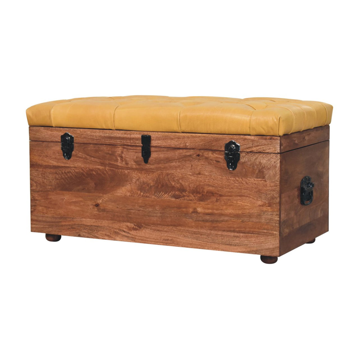 Upholstered storage trunk from the opposite three-quarter angle, with a wooden side visible.