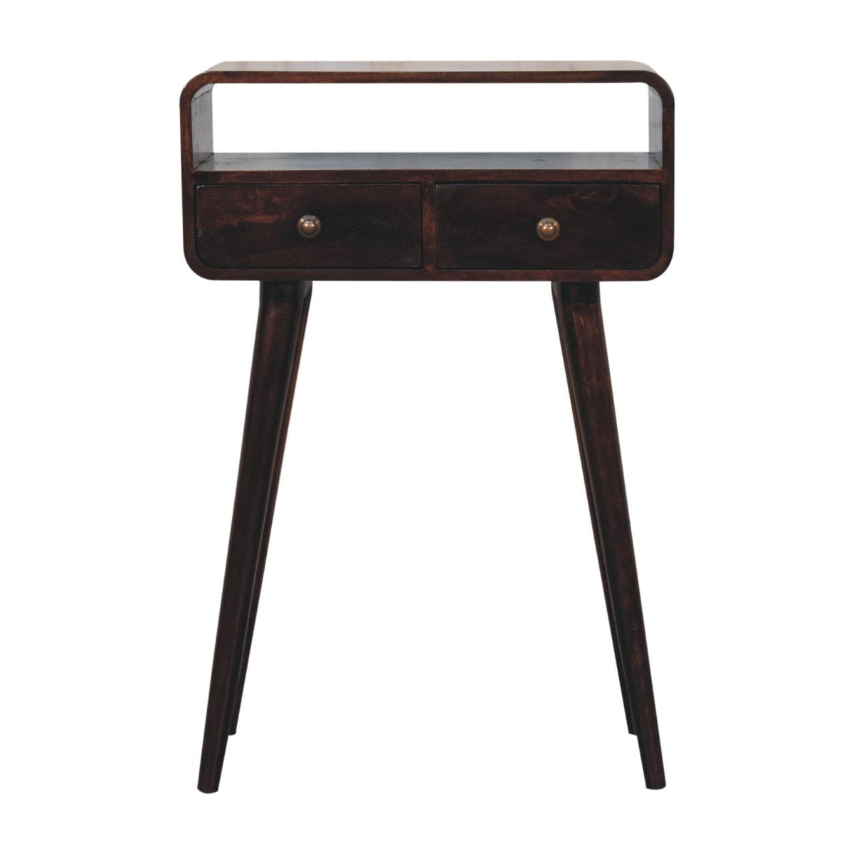 Dark wood console table with two drawers, an open shelf, and four tapered legs, shown straight on.