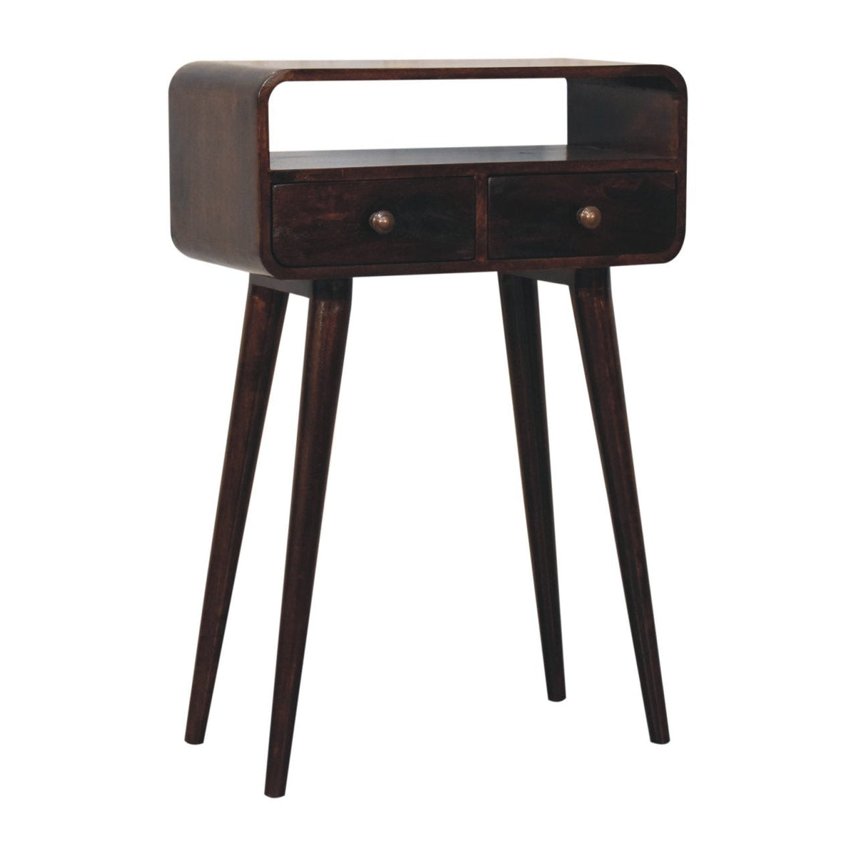 Dark wood console table viewed from the left, showing its rounded side, open shelf, two drawers, and tapered legs.