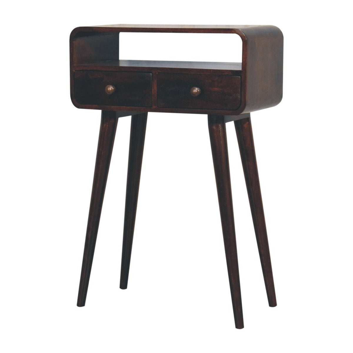Dark wood console table viewed from the right, with the curved side panel and drawer fronts visible.
