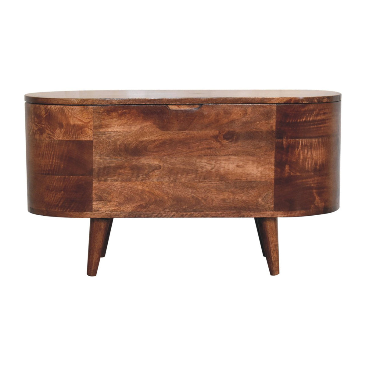 Rounded wooden blanket box shown straight on, with a dark brown grain pattern and tapered legs.
