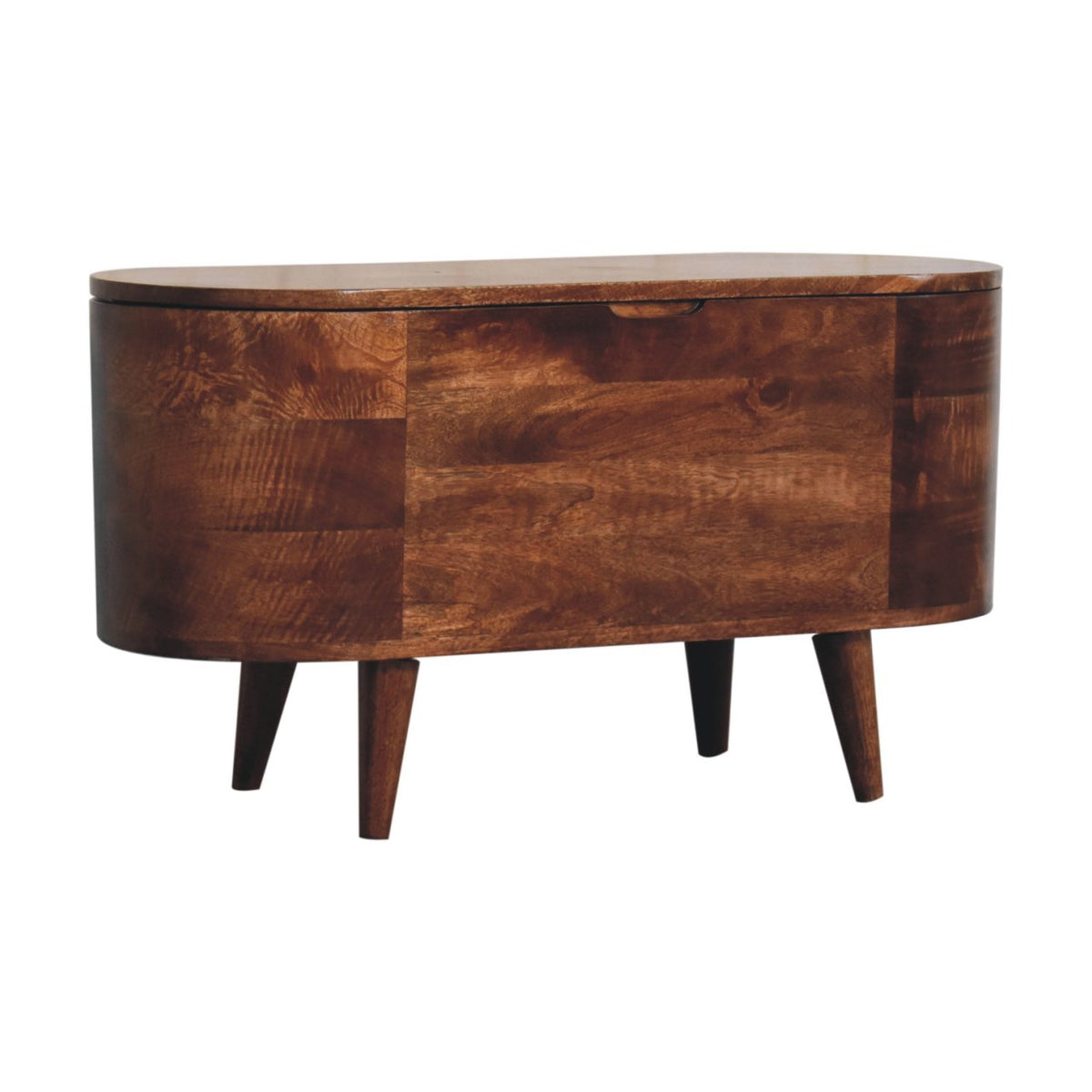 Opposite angled view of the rounded wooden box, with its broad front and curved end visible.