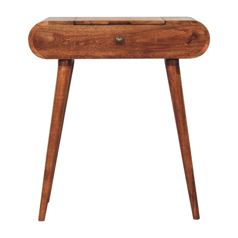 Honey caramel dressing table viewed straight on, showing its drawer and tapered legs
