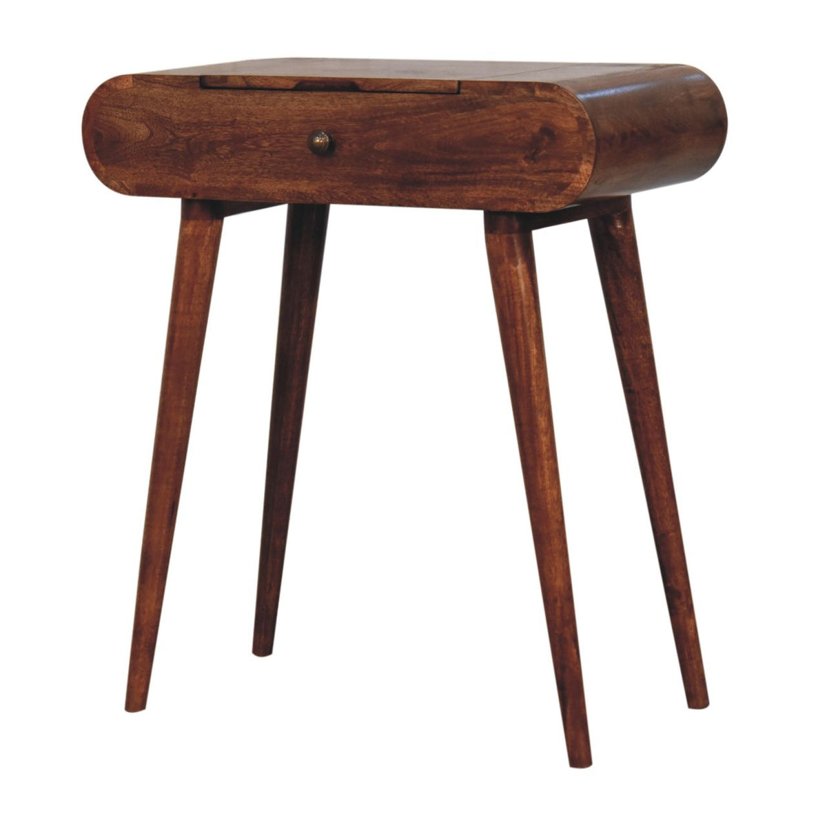 Honey caramel dressing table at a front three-quarter angle with its drawer closed