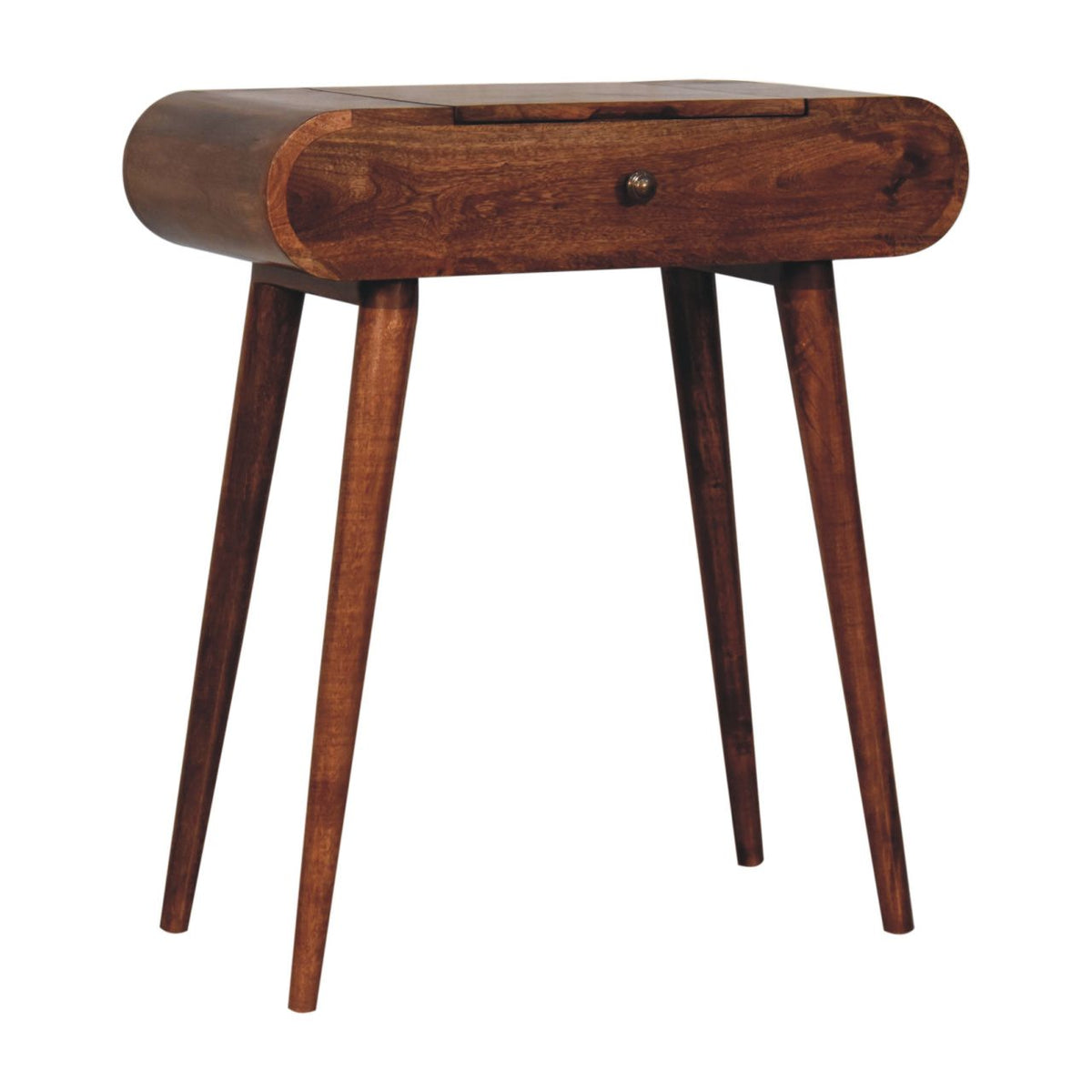 Honey caramel dressing table from the opposite front angle with its drawer closed