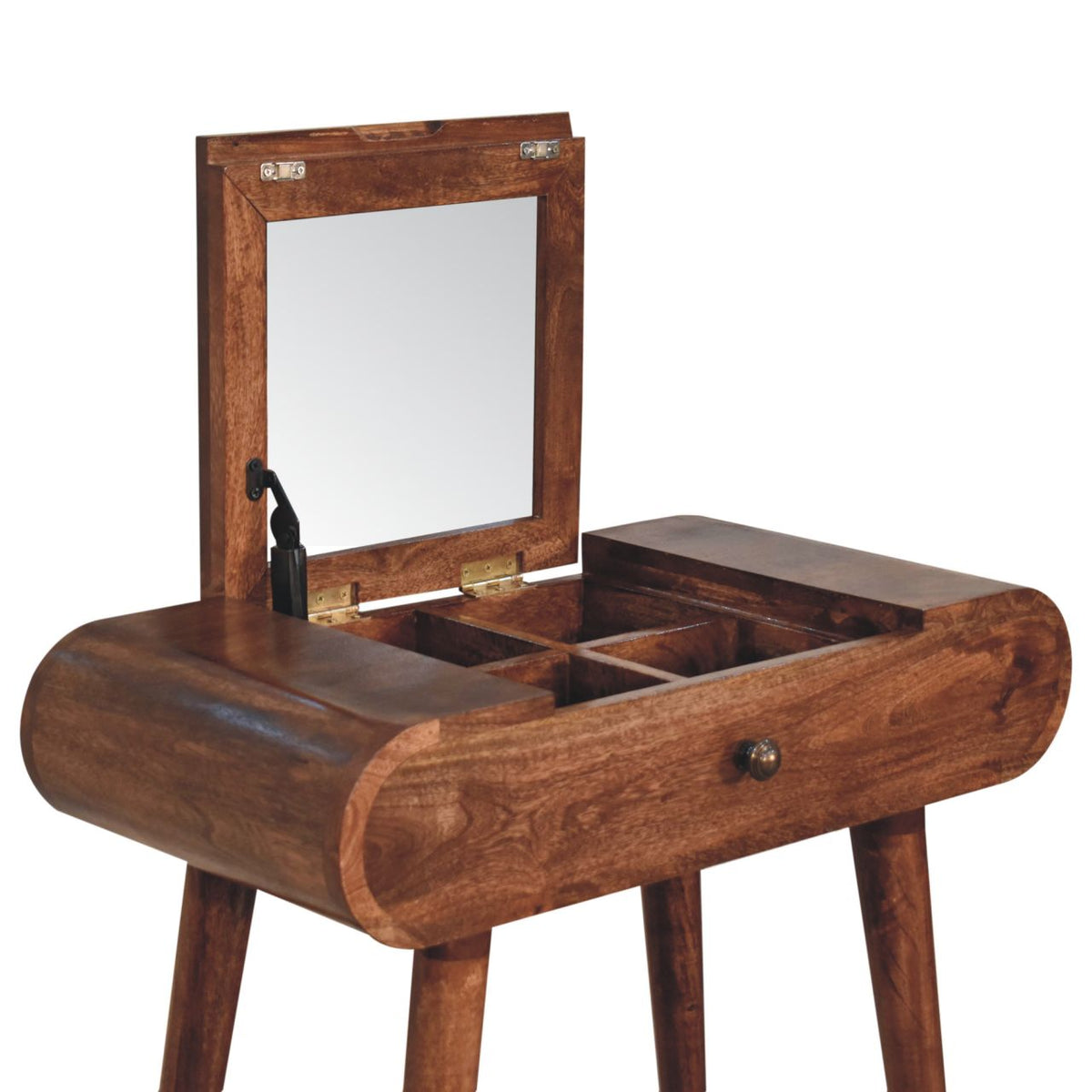 Dressing table with its mirror raised, revealing divided storage compartments