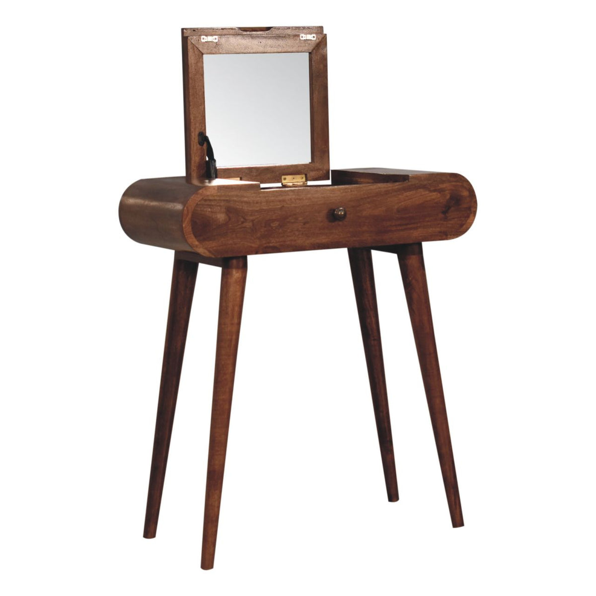 Wooden dressing table with its square mirror raised, a single drawer, and tapered legs.