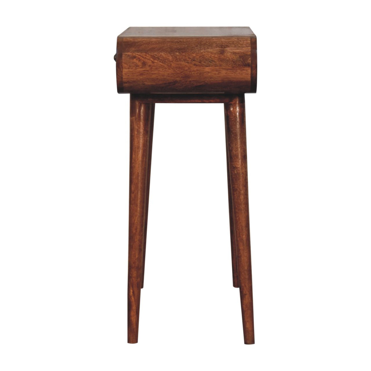 End-on view of the dressing table, showing its rectangular body and tapered legs.