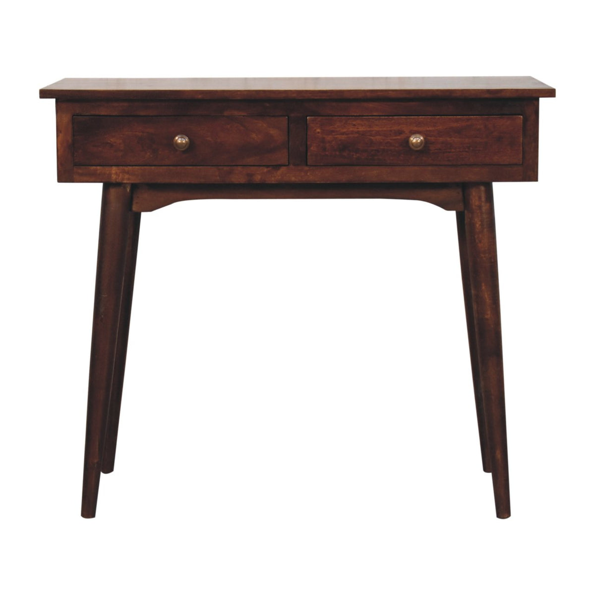 California walnut console table with two drawers, shown straight on against a white background