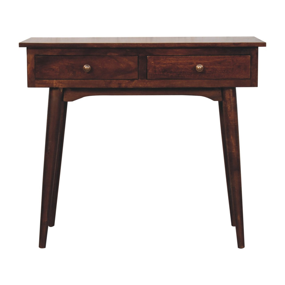 California walnut console table with two drawers, shown straight on against a white background