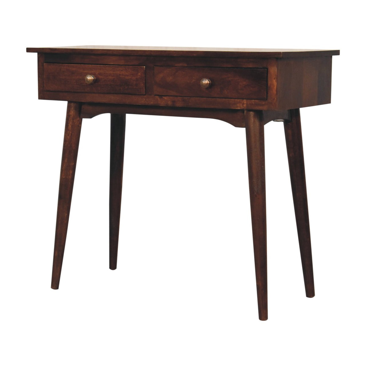 California walnut console table with two drawers, shown from the front and right side