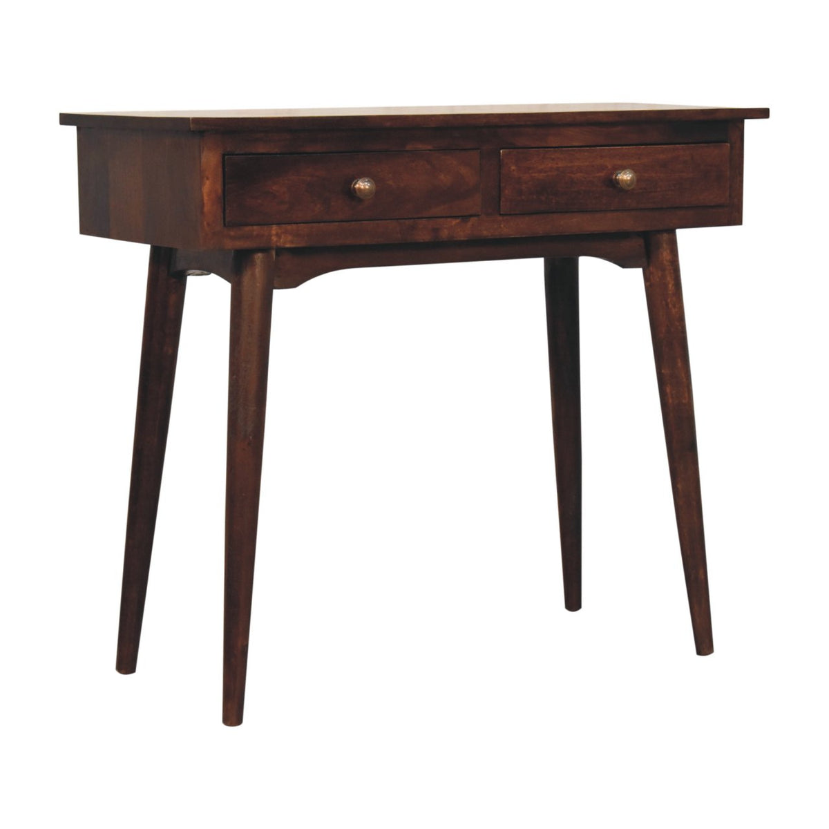 California walnut console table with two drawers, shown from the front and left side