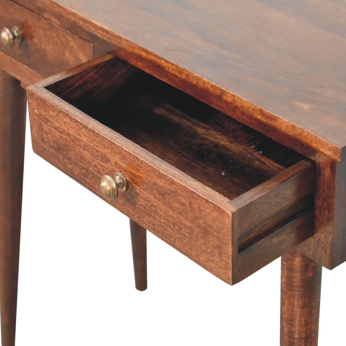 Open drawer showing the inside of the walnut-finish console table