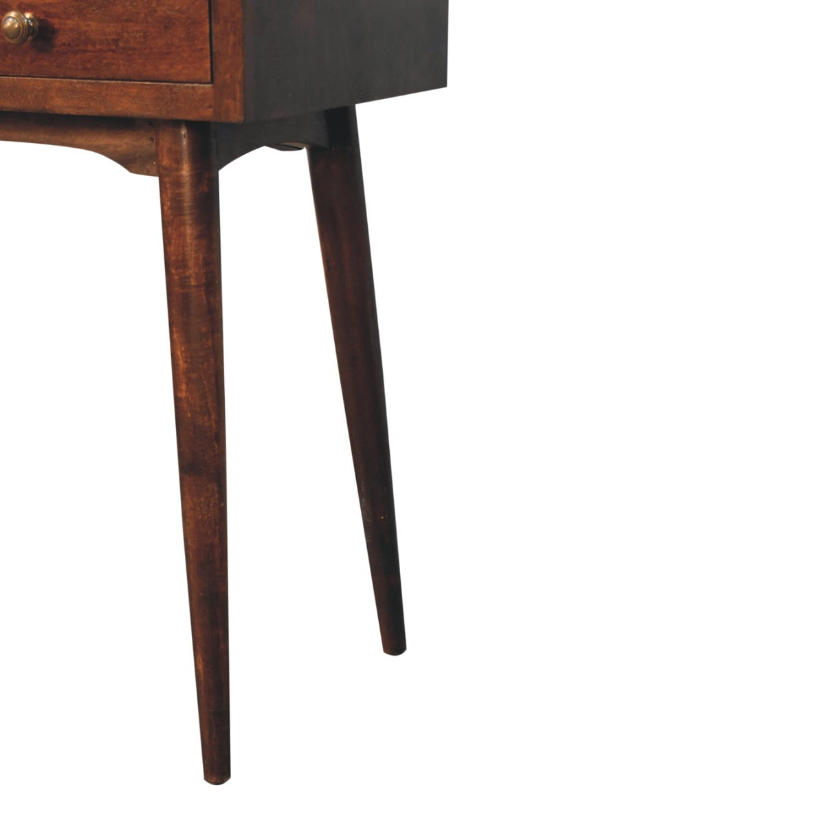 Close-up of the walnut-finish console table's tapered legs and drawer corner