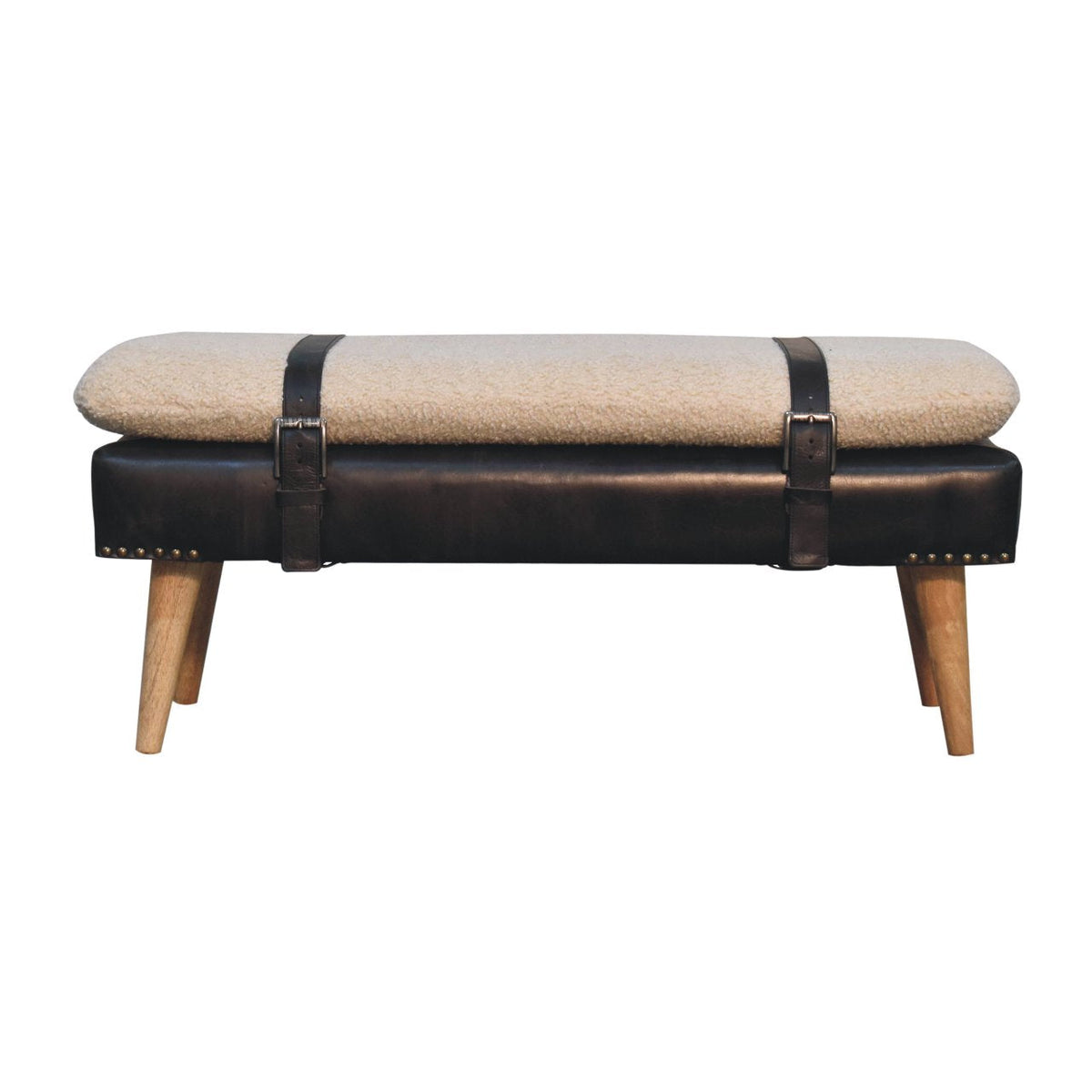 Handwoven Bouclé Bench with Leather Detail and Solid Wood Legs