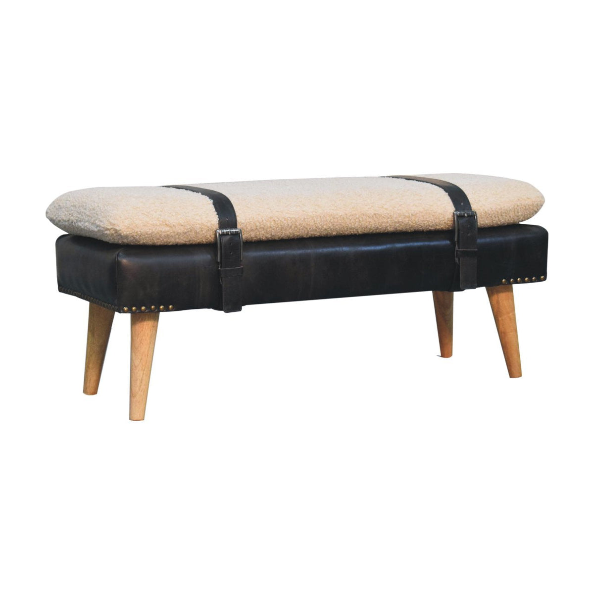 Handwoven Bouclé Bench with Leather Detail and Solid Wood Legs