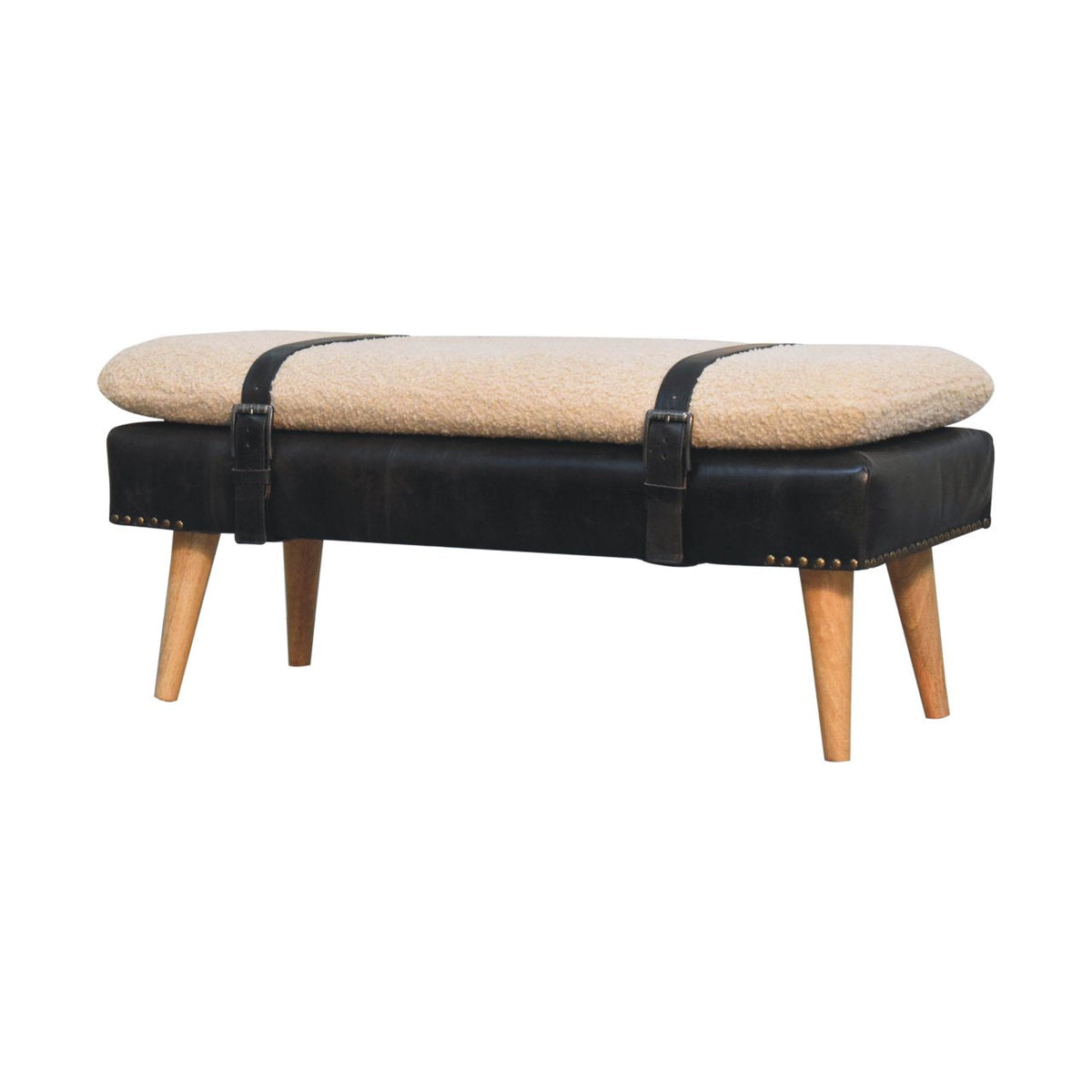 Handwoven Bouclé Bench with Leather Detail and Solid Wood Legs