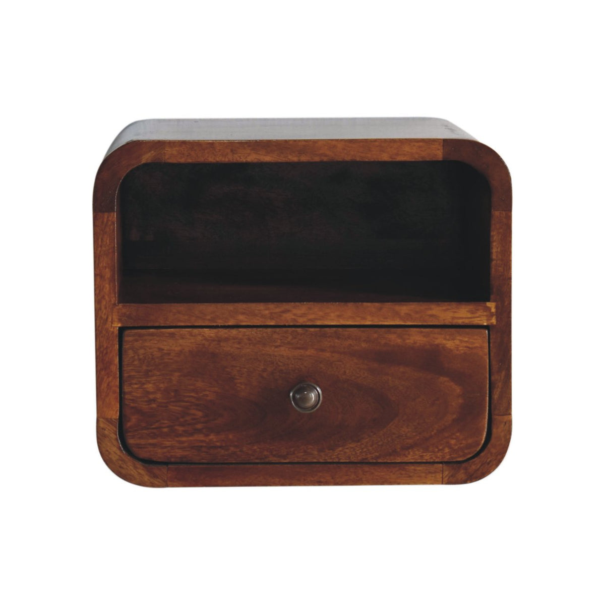 A rounded chestnut cabinet viewed from the front, showing its dark open cubby and drawer with a metal knob.