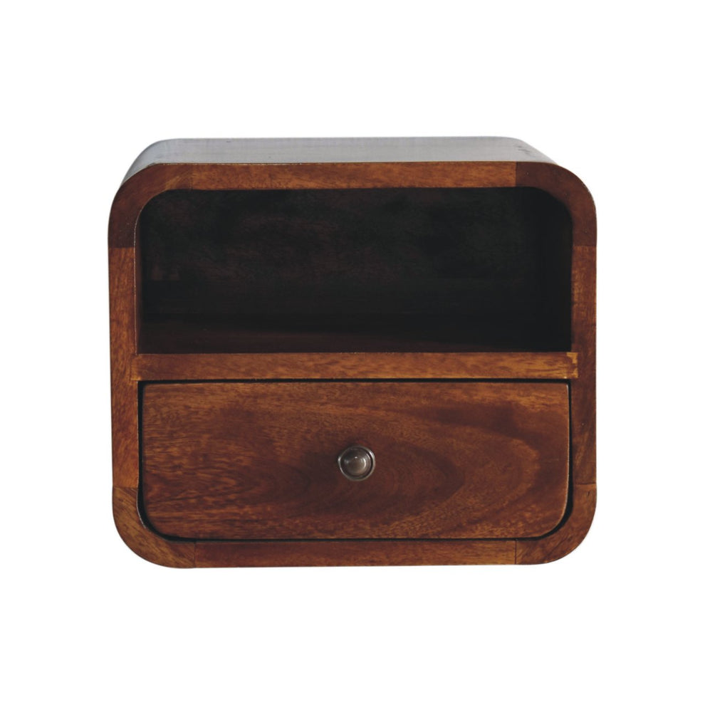 Front-facing view of a chestnut bedside cabinet with a rounded frame, open slot, and single drawer.