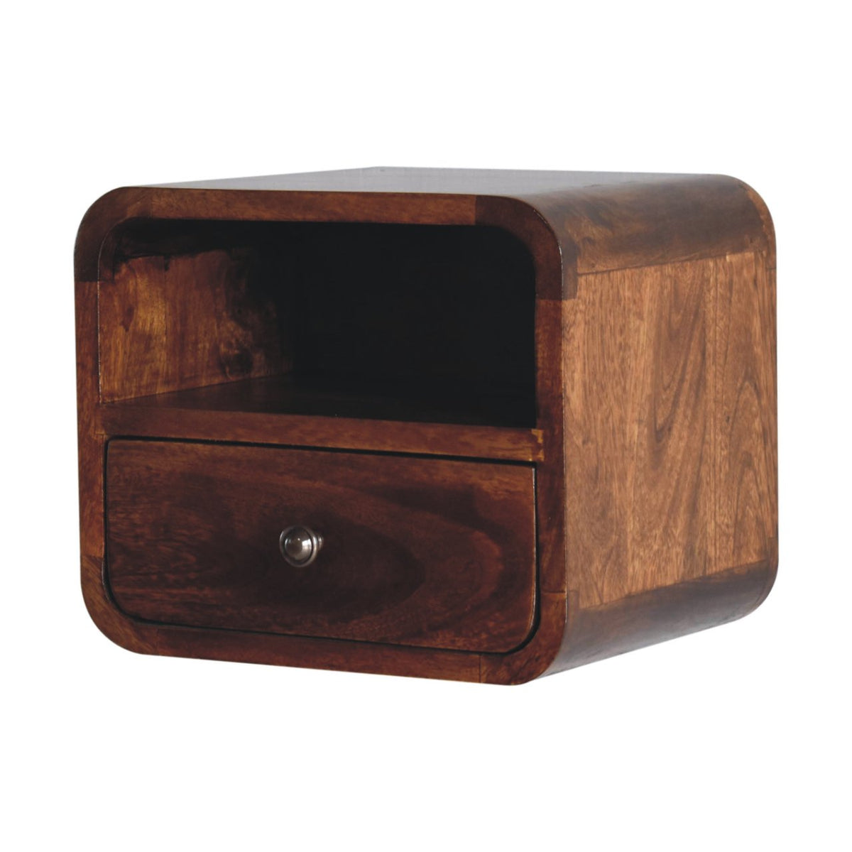 Angled view showing the bedside cabinet’s open slot, drawer, and broad wood-grain right side.