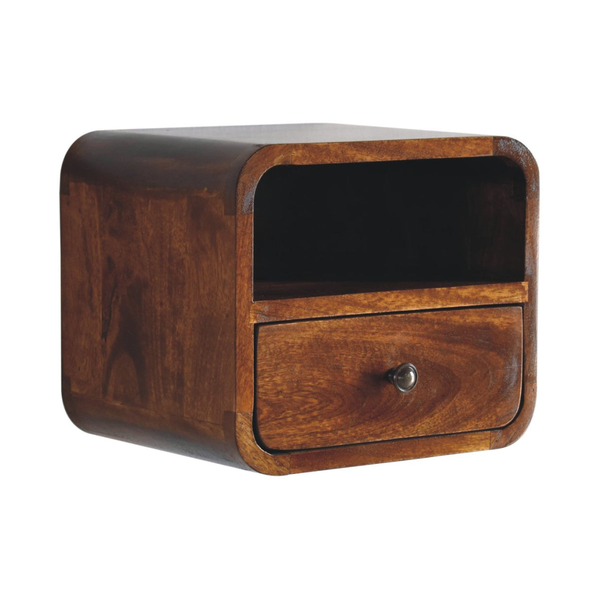 The cabinet viewed from the opposite angle, with its curved left side and open cubby visible.
