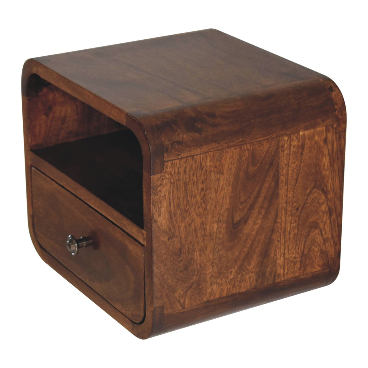A compact wooden bedside shown from the front and side, with an open slot and closed drawer.