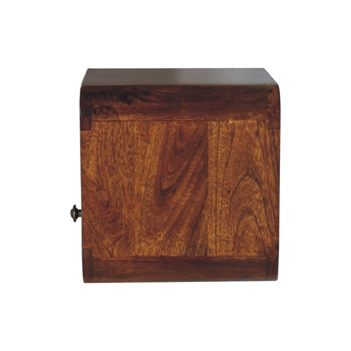 Back of a compact chestnut-toned bedside cabinet, showing its wood grain and curved edges.