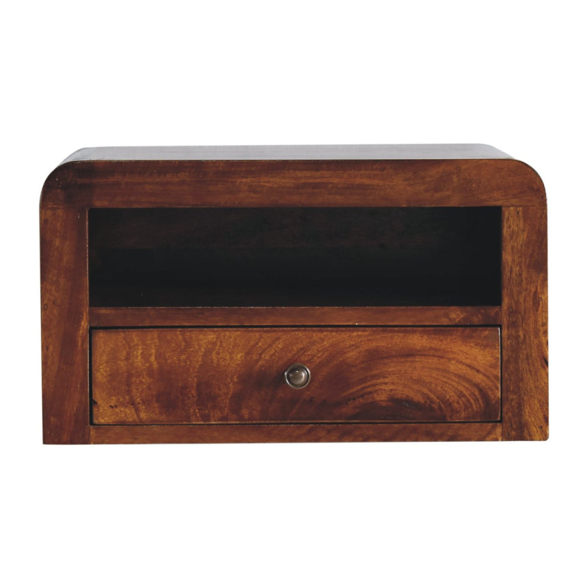 Chestnut-finish wall-mounted nightstand, straight-on front view on white background