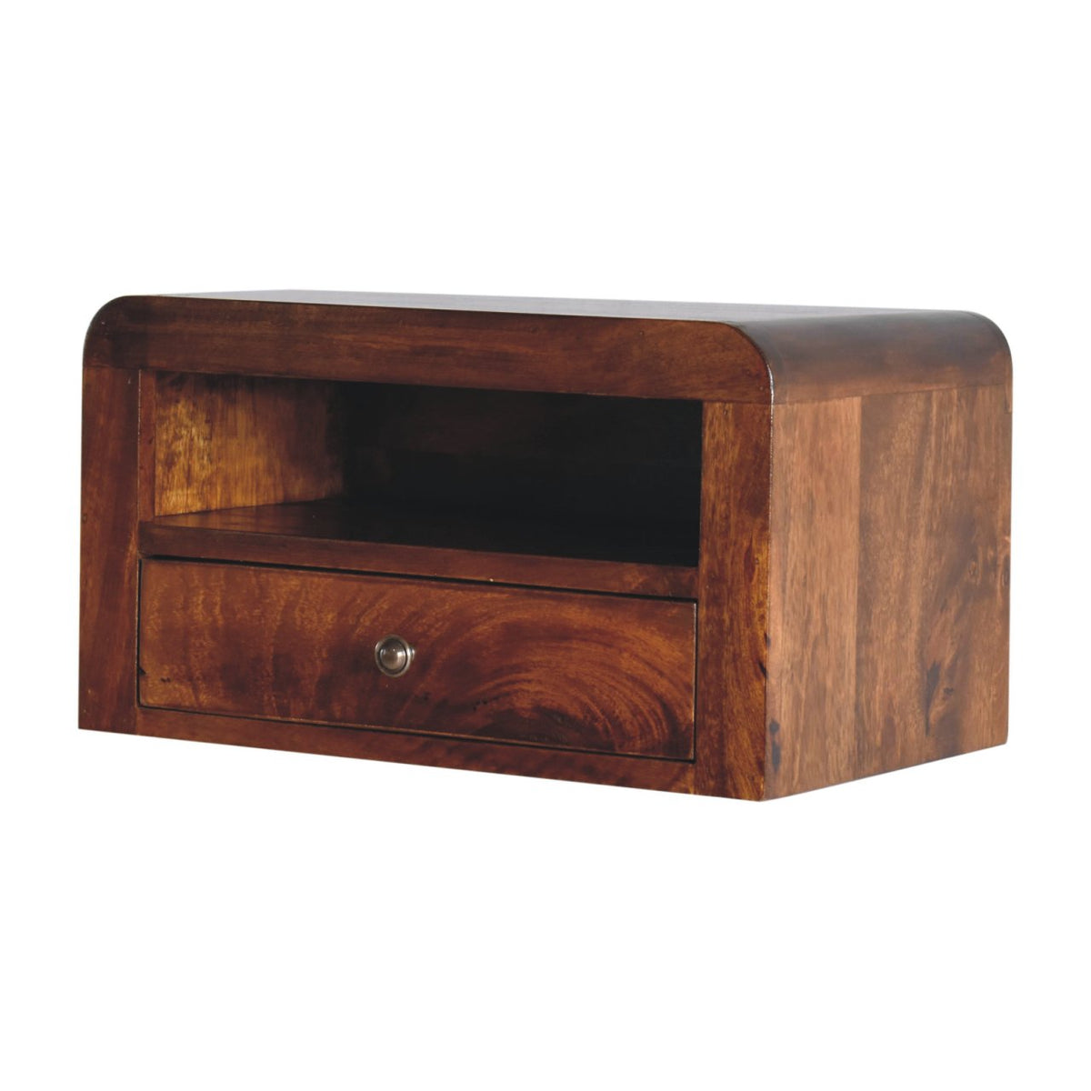 Chestnut nightstand shown at an angle, revealing its rounded front and side