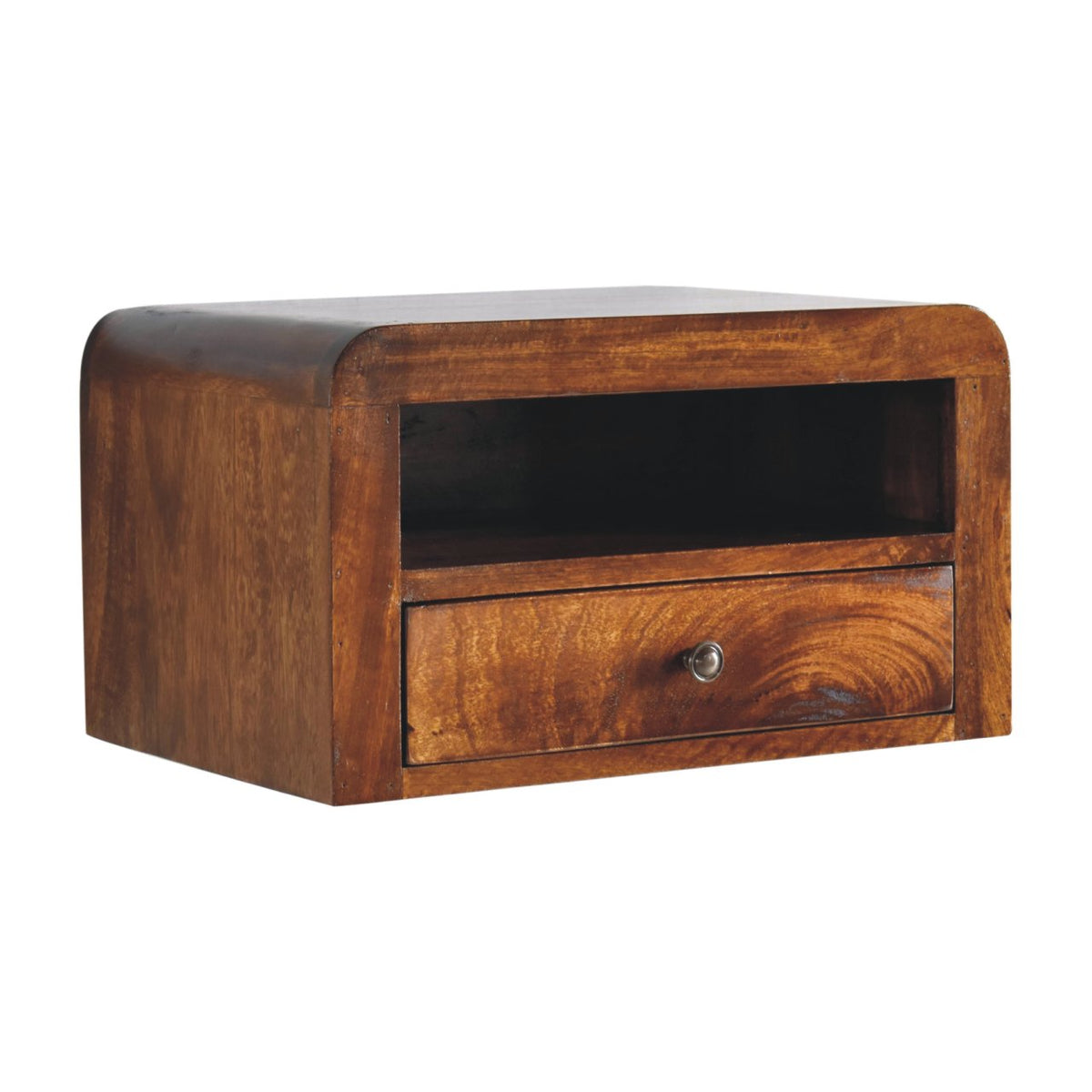 Angled view of chestnut-finish nightstand with open shelf and drawer