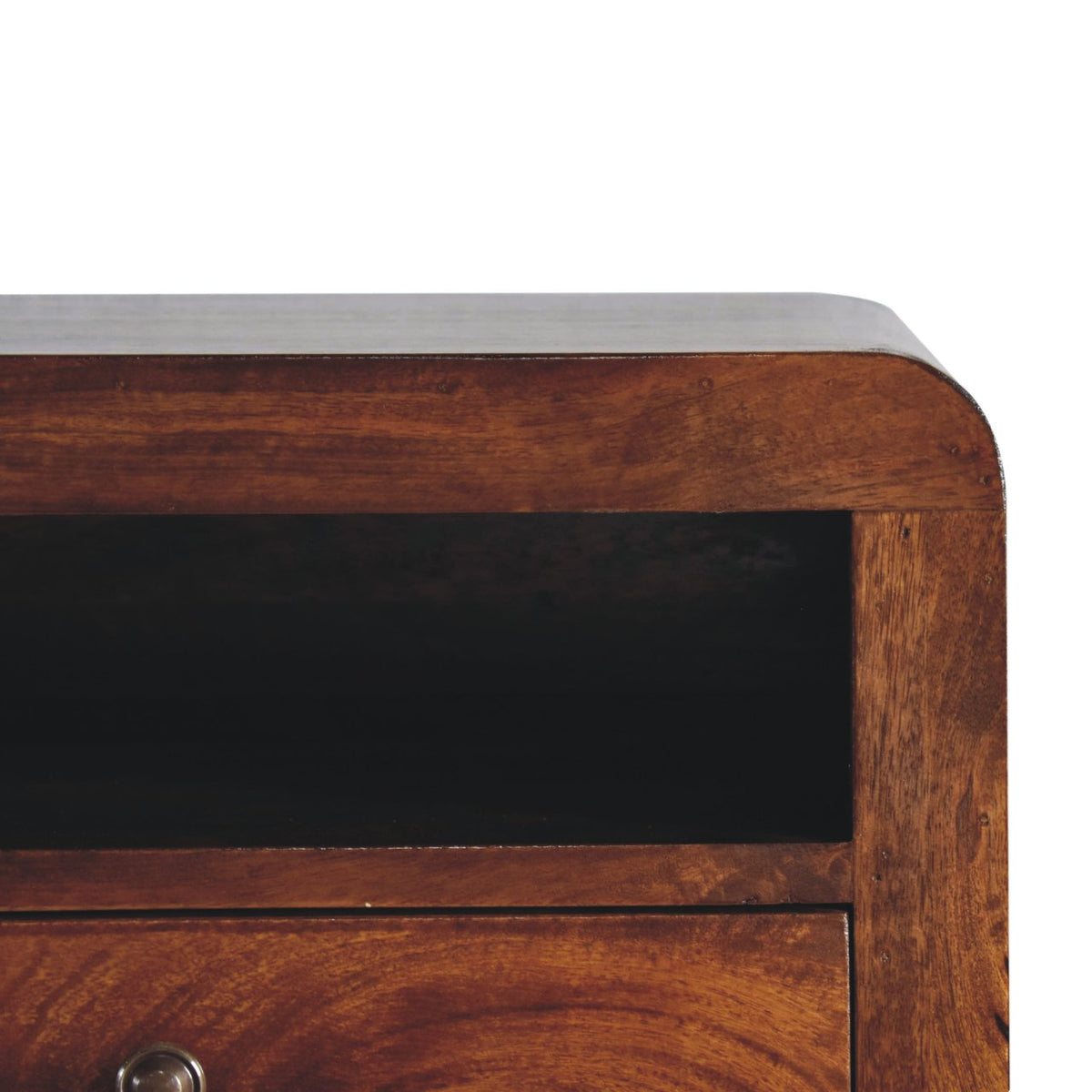 Close-up of the chestnut nightstand's open shelf, rounded edge and drawer knob