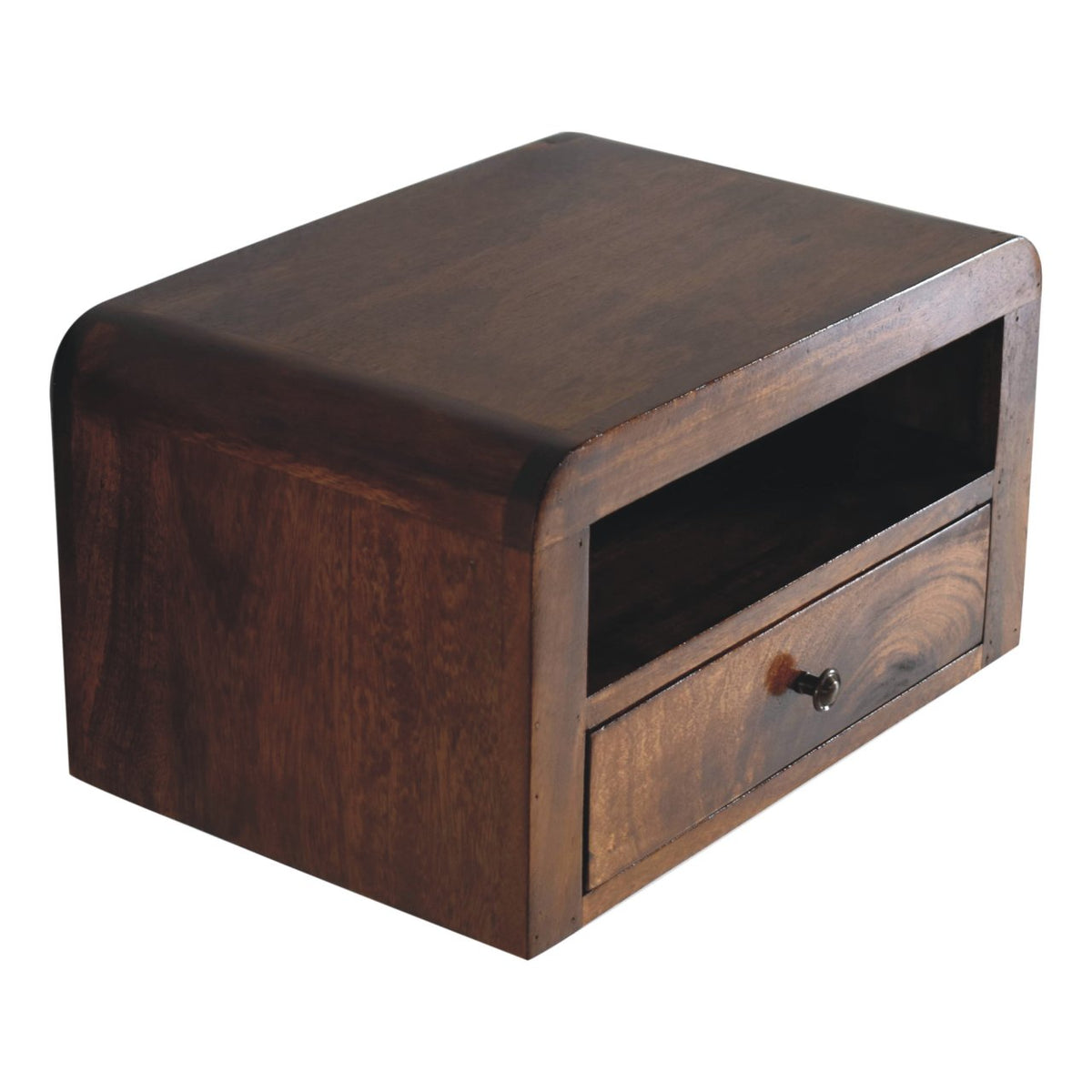 Elevated three-quarter view showing the chestnut nightstand's top and side