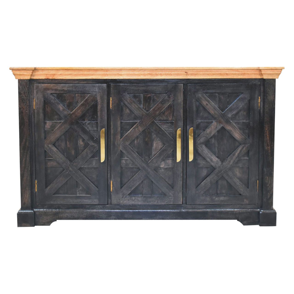 Ash black sideboard with natural-toned top shown straight on against a white background