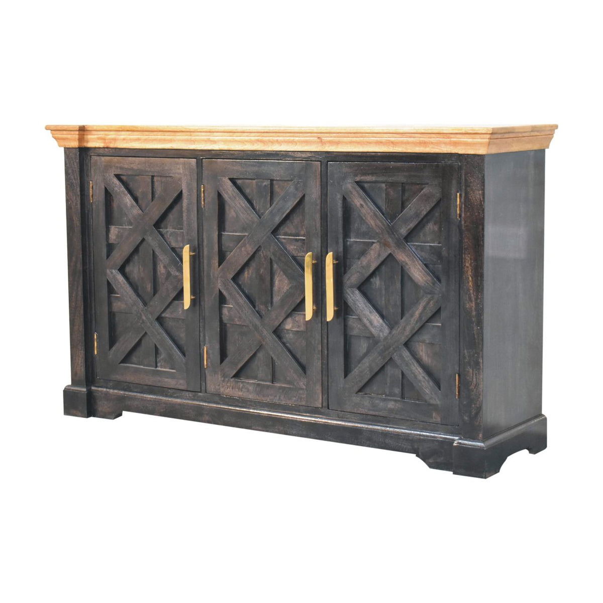Ash black sideboard with natural-toned top viewed from the front right corner