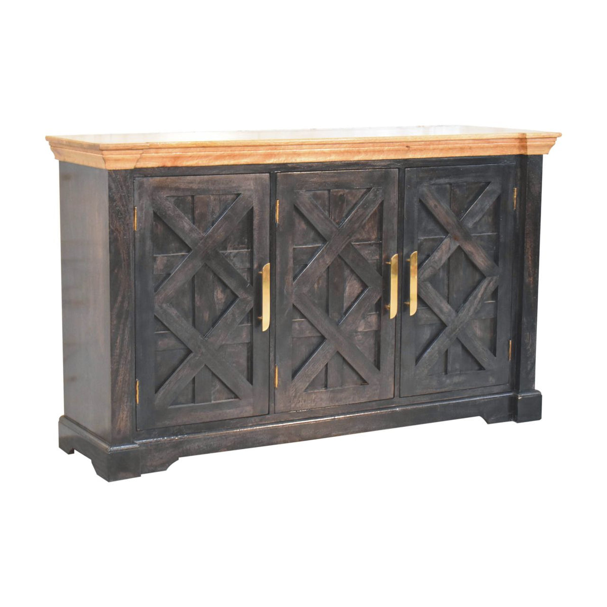 Three-door ash black sideboard with natural-toned top viewed from the front left
