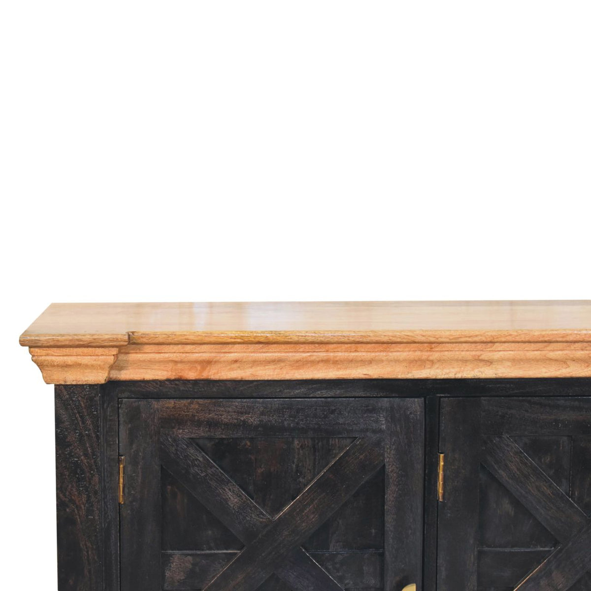 Close view of the natural-toned sideboard top and upper cross-panel doors