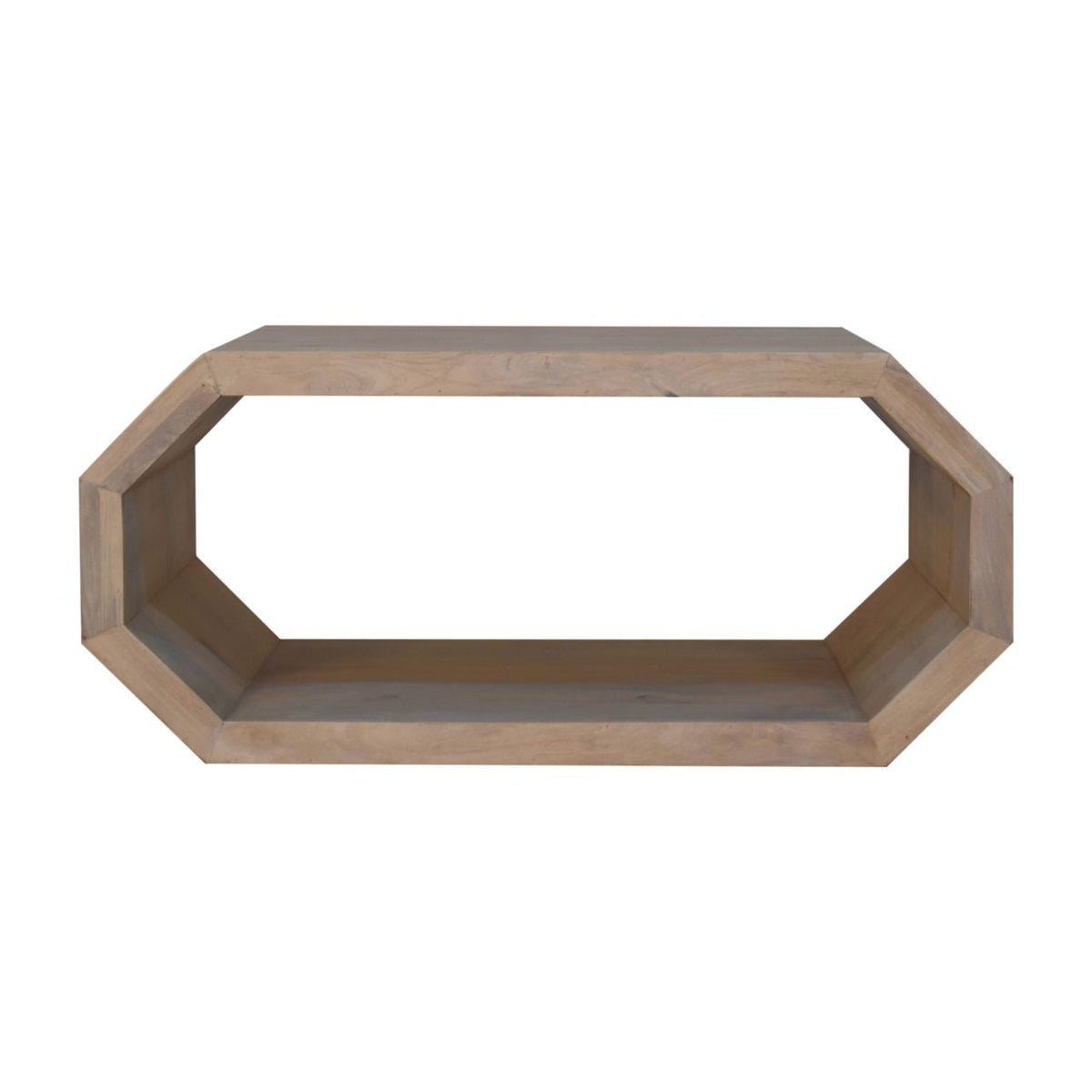 Light natural wood hexagonal open-frame coffee table, overhead view on white background
