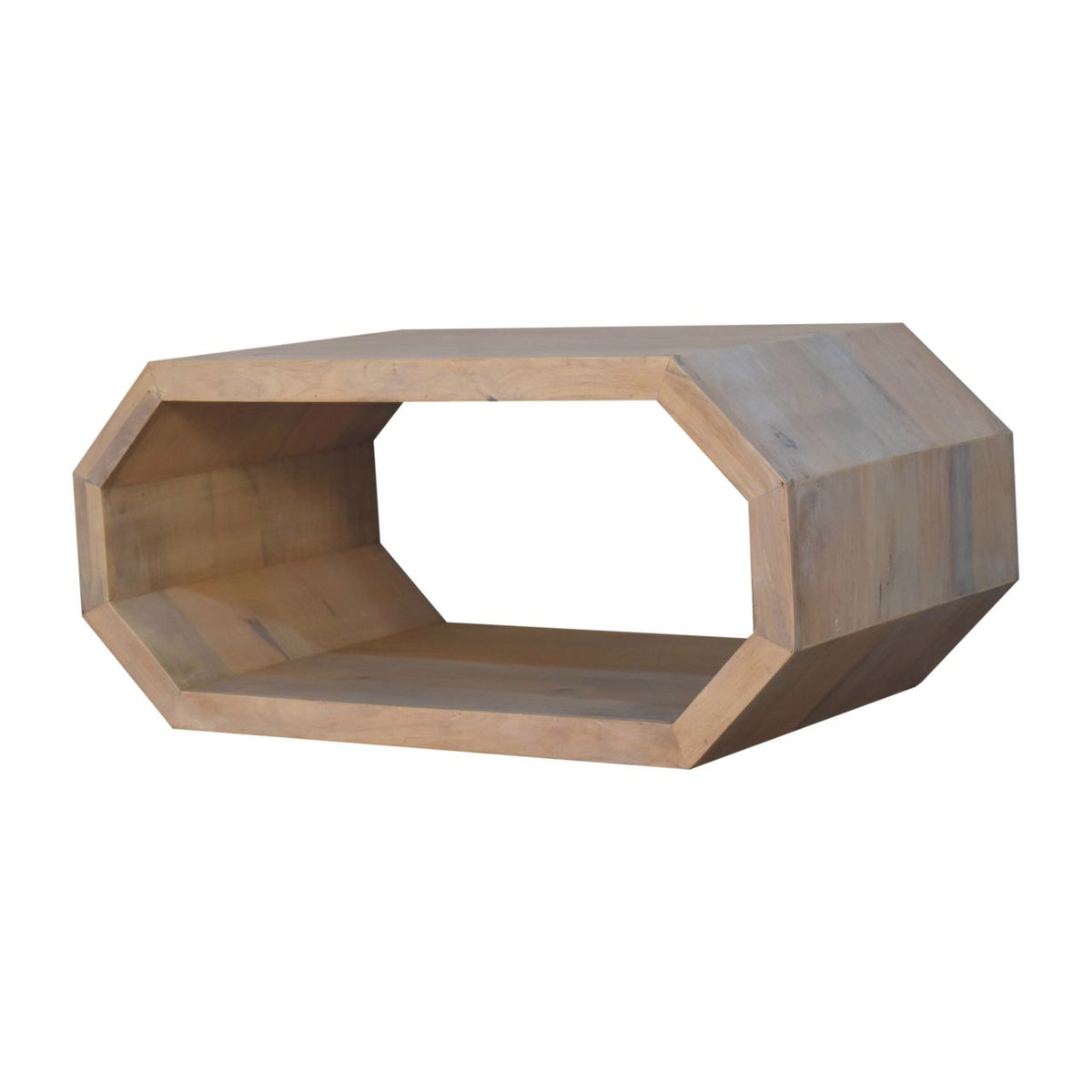 Natural wood hexagonal open-frame coffee table seen from a low angled side view