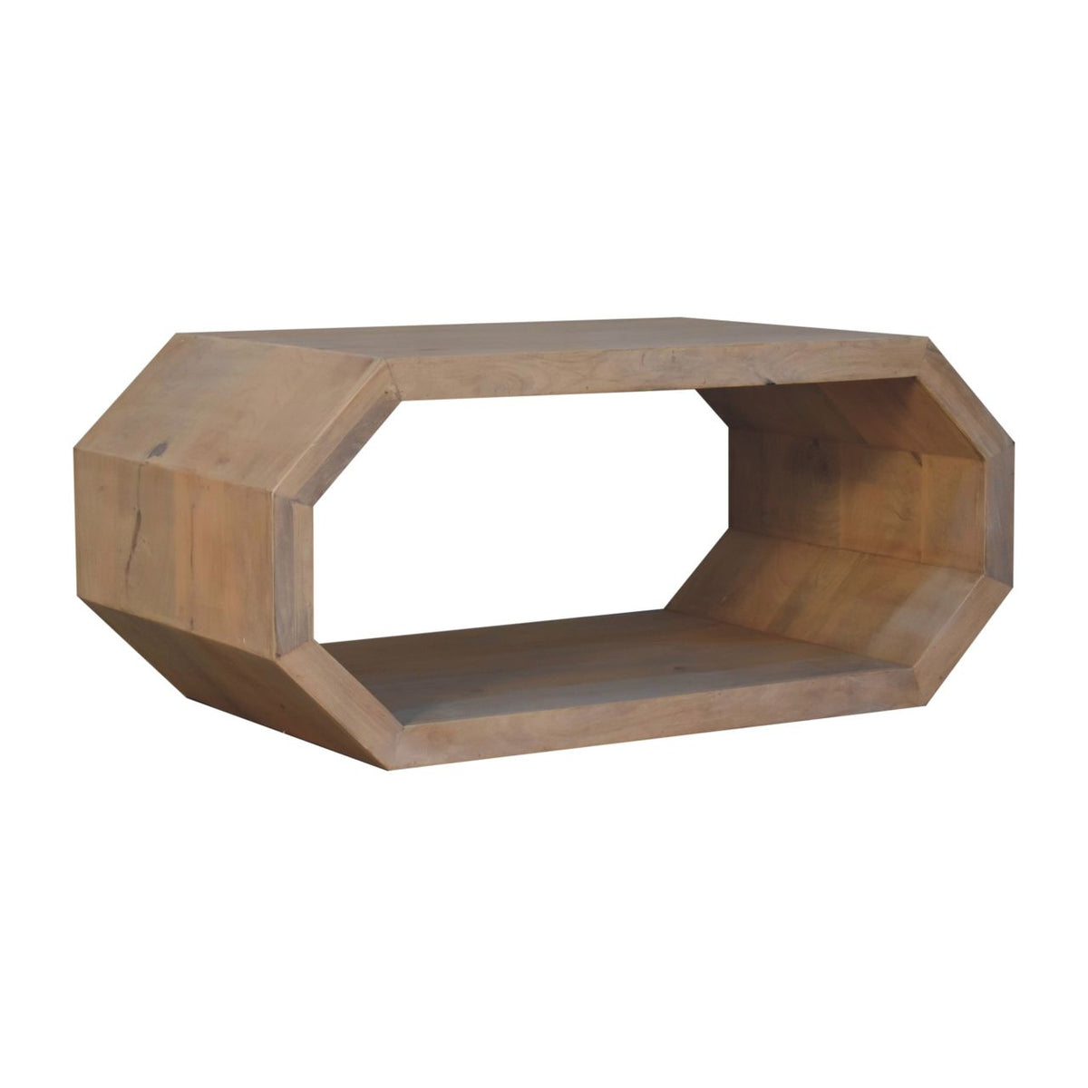 Light wood open-frame coffee table from the opposite angled side on white
