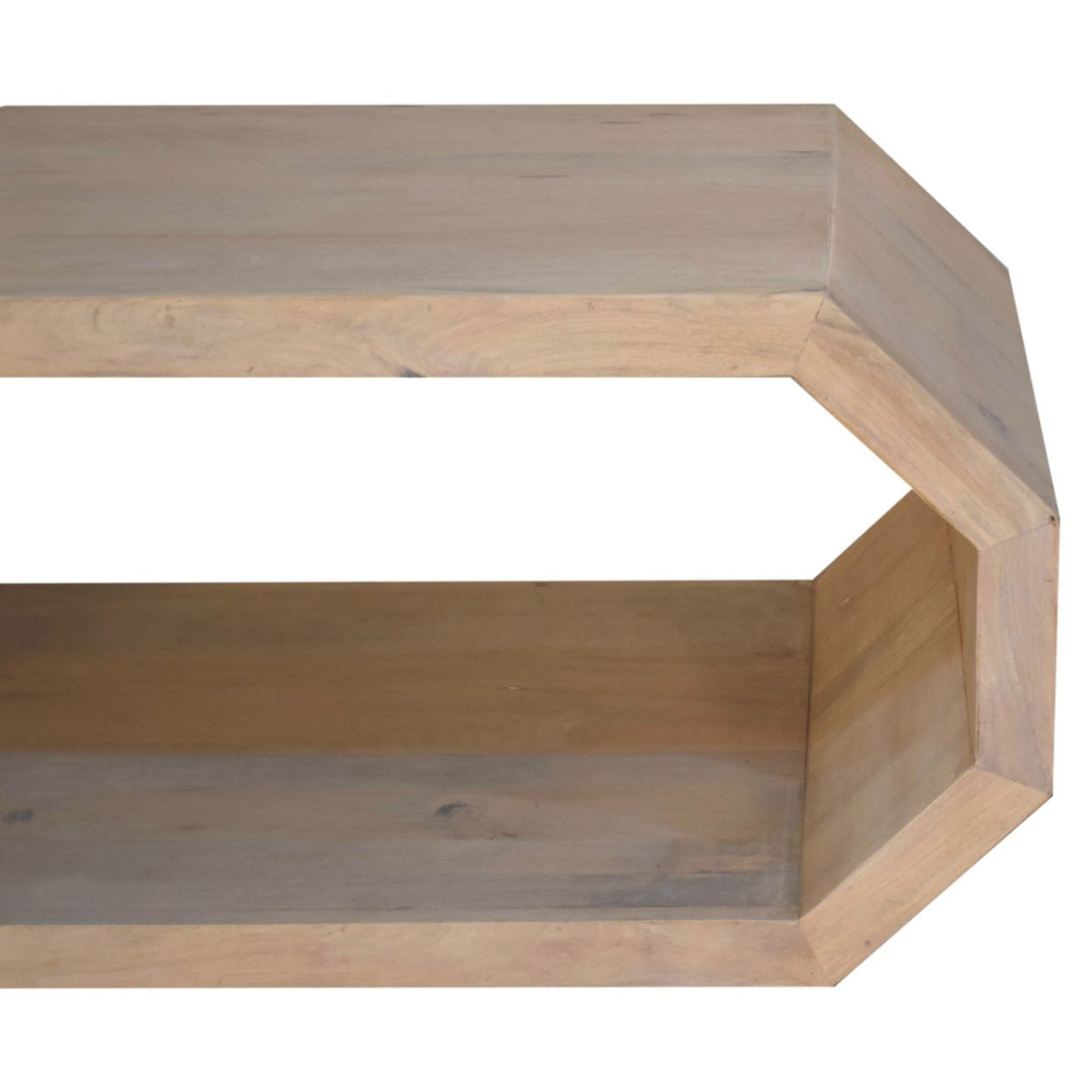 Close-up of the natural wood table surface and angular open-frame corner