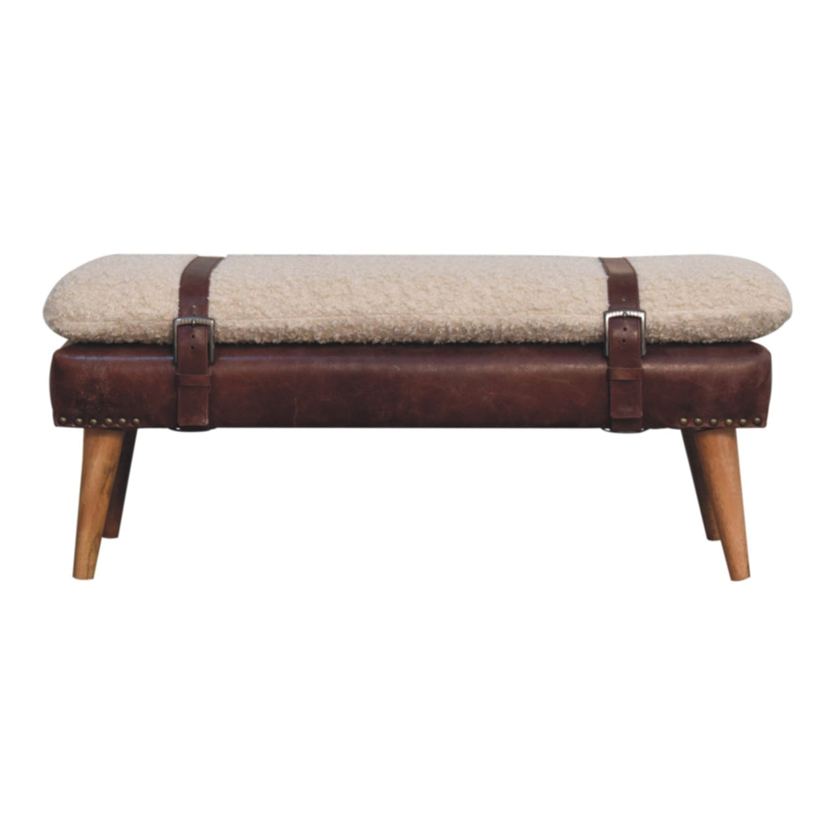 Bouclé and Leather Bench
